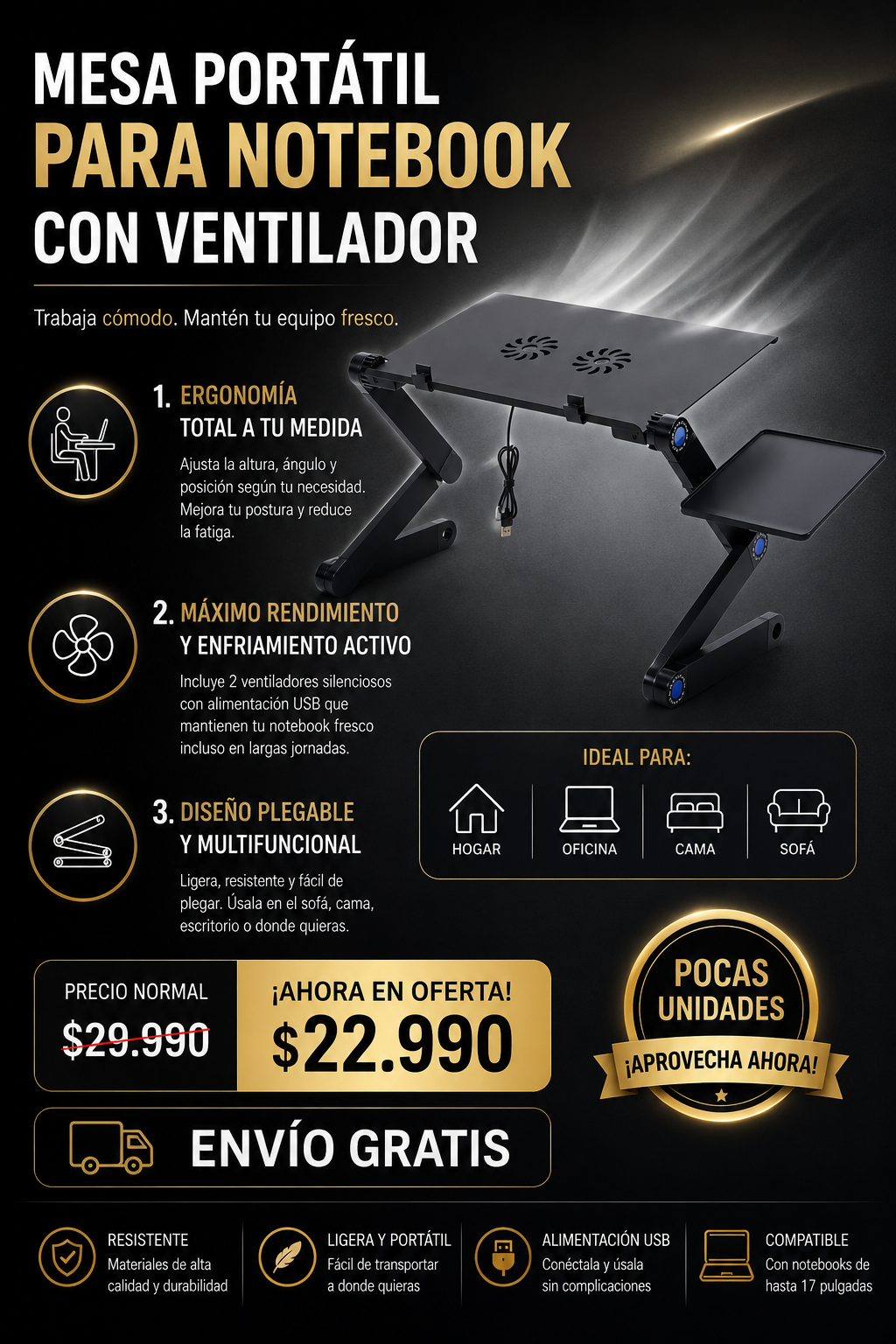 Mesa Portatil Notebook Doble Ventilador