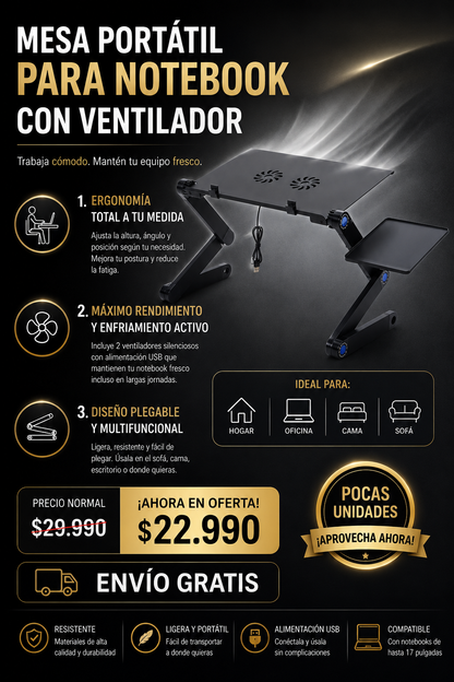 Mesa Portatil Notebook Doble Ventilador