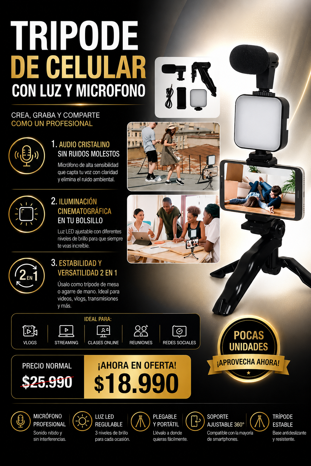 Tripode De Celular Con Luz Y Microfono