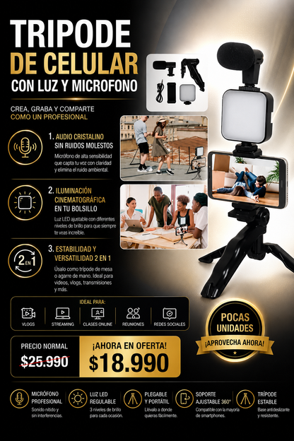 Tripode De Celular Con Luz Y Microfono